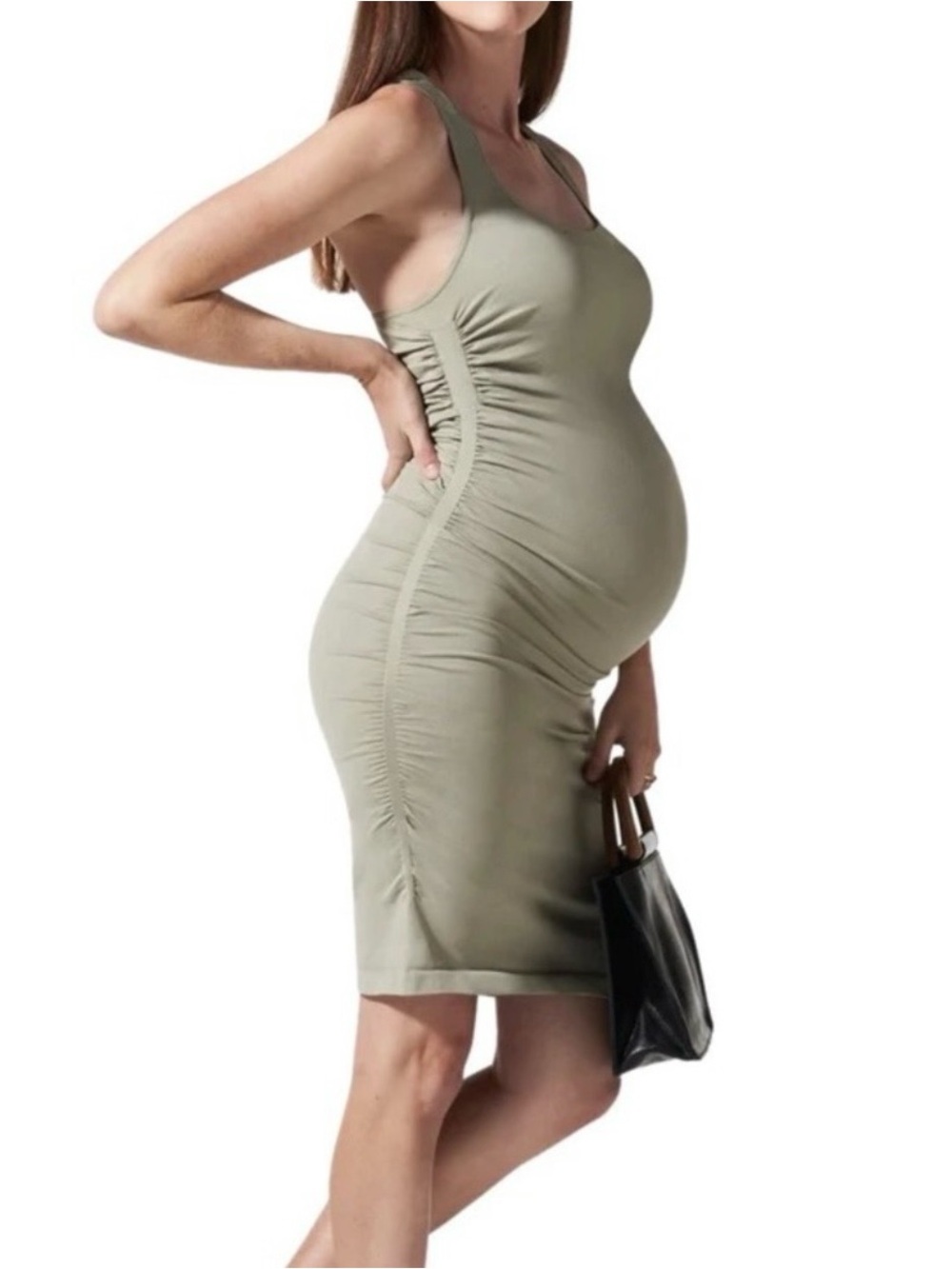 Blanqi Maternity Ruched Racerback Bodycon Mini Dress Moss S/M